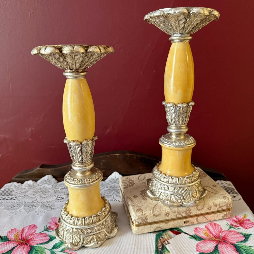 Unique Vintage Silver and Yellow Candle Holders